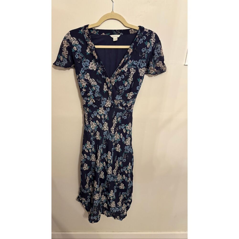 Monsoon Floral Flutter Sleeve Midi Dress Size 8 Blue V Neck Tie Back